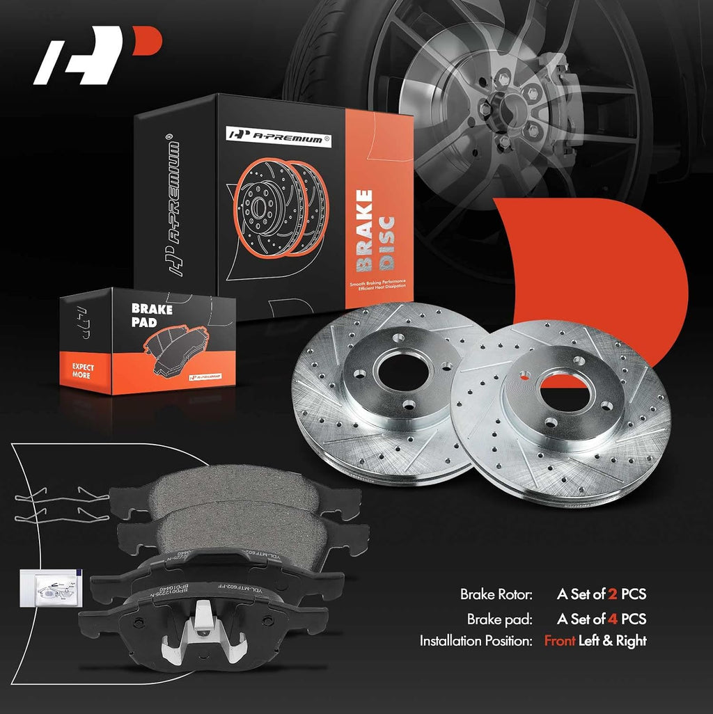 A-Premium 10.95 inch (278mm) Front Drilled and Slotted Disc Brake Rotors + Ceramic Pads Kit Compatible with Select Ford Models - Focus 2005 2006 2007, 6-PC Set