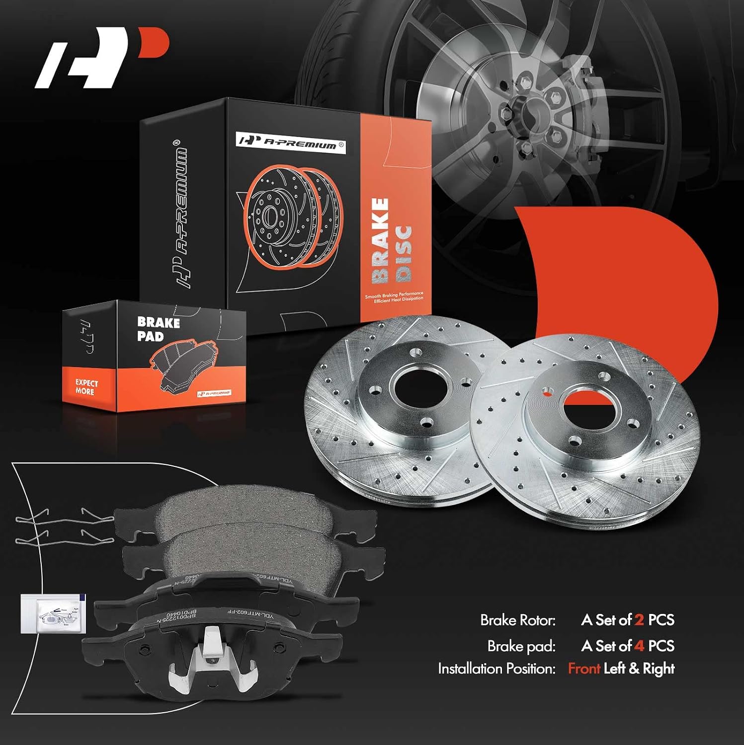 A-Premium 10.95 inch (278mm) Front Drilled and Slotted Disc Brake Rotors + Ceramic Pads Kit Compatible with Select Ford Models - Focus 2005 2006 2007, 6-PC Set