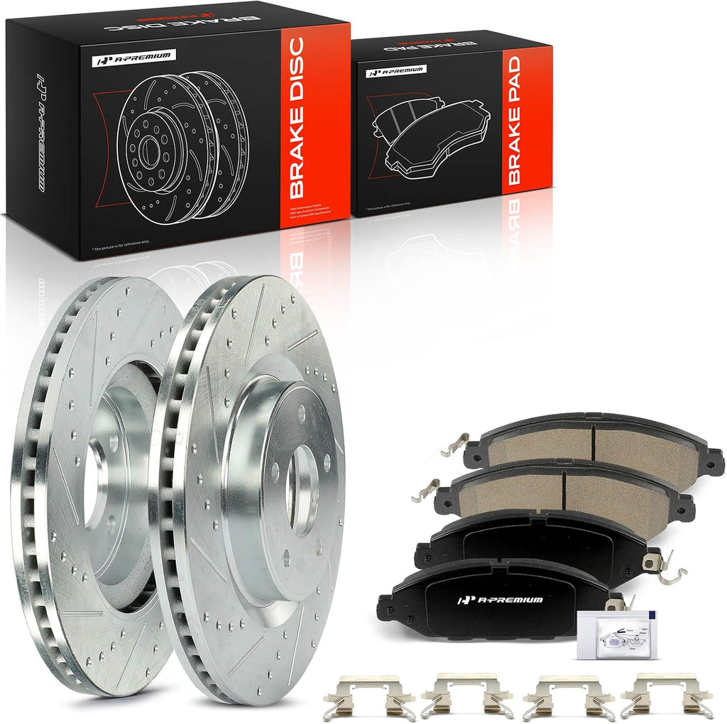 A-Premium 12.60 inch (320mm) Front Drilled and Slotted Disc Brake Rotors + Ceramic Pads Kit Compatible with Select Nissan and Inifinit Models - Murano 2015-2023, Pathfinder, QX60, JX35, 6-PC Set