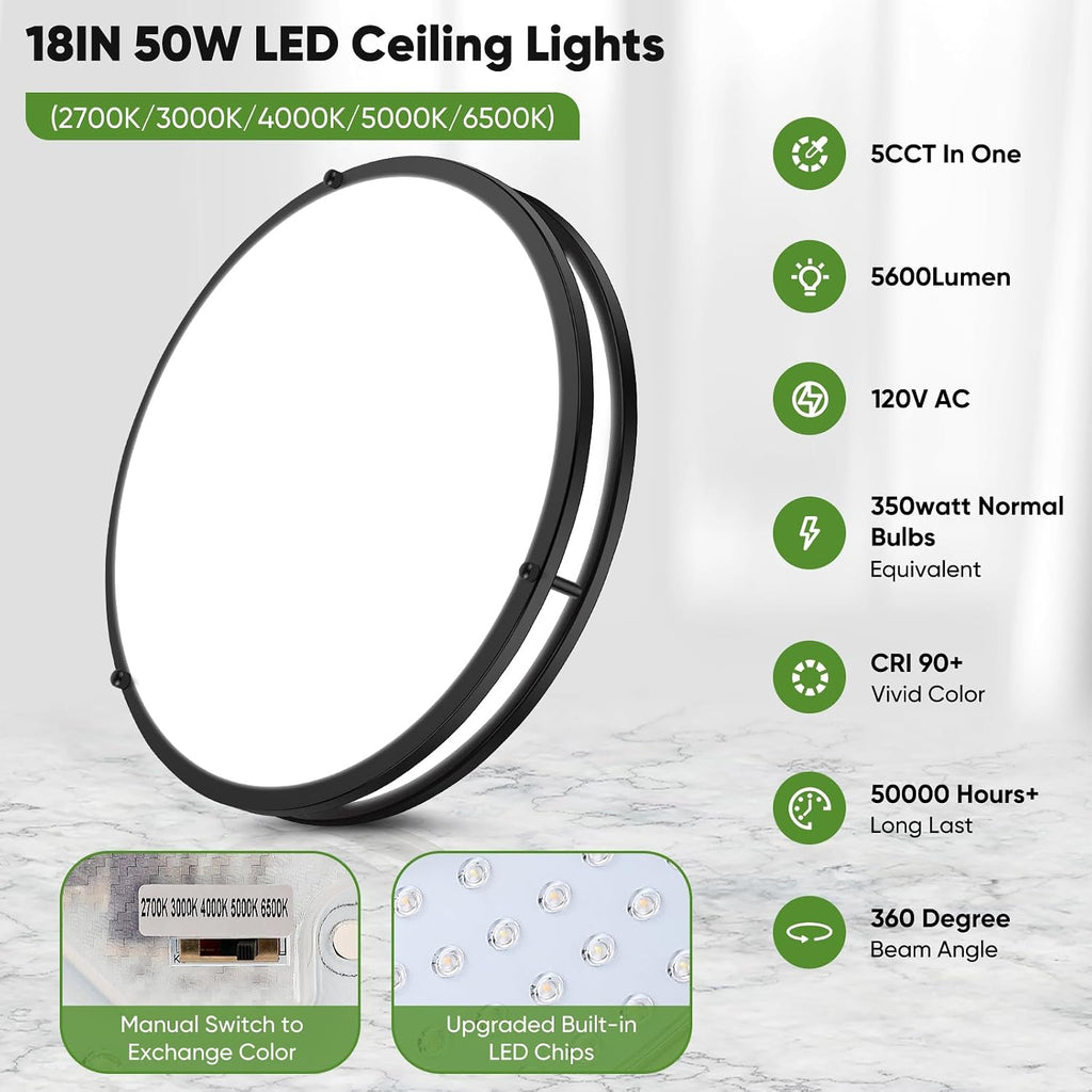 18inch 50W LED Flush Mount Ceiling Lights 5600lm Super Bright, Dimmable LED Ceiling Light Fixtures 2700K-6500K 5CCT Adjusted, 2-Pack Modern Black Light Fixture Ceiling for Living Room Bedroom Kitchen