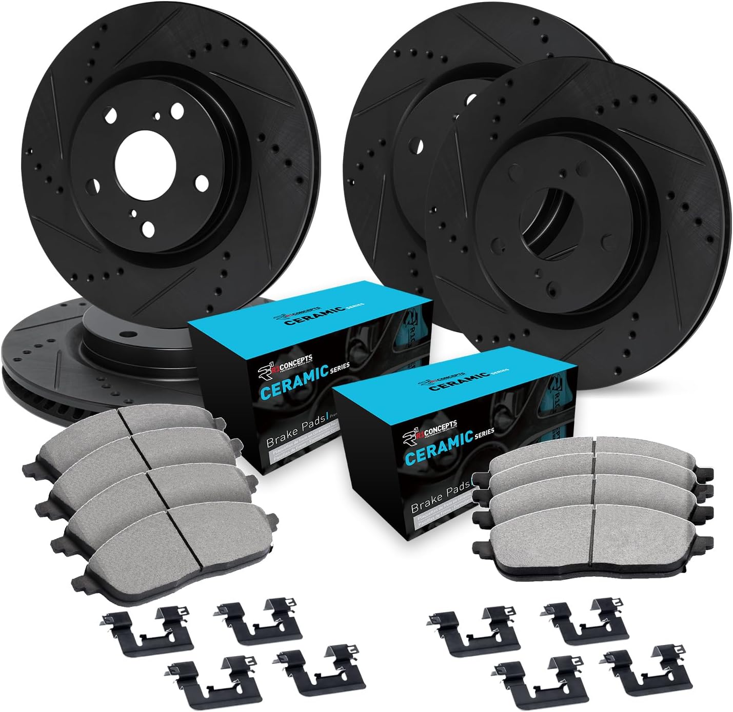 R1 Concepts Front and Rear Brake Kit Fits 2000 BMW 323i, 328Ci; 2001-2006 BMW 325Ci; 2001-2005 BMW 325i; 1999-2000 BMW 328i| Ceramic Pads, Drilled Slotted Rotors| Hardware| 11.8' Front & 11.6' Rear