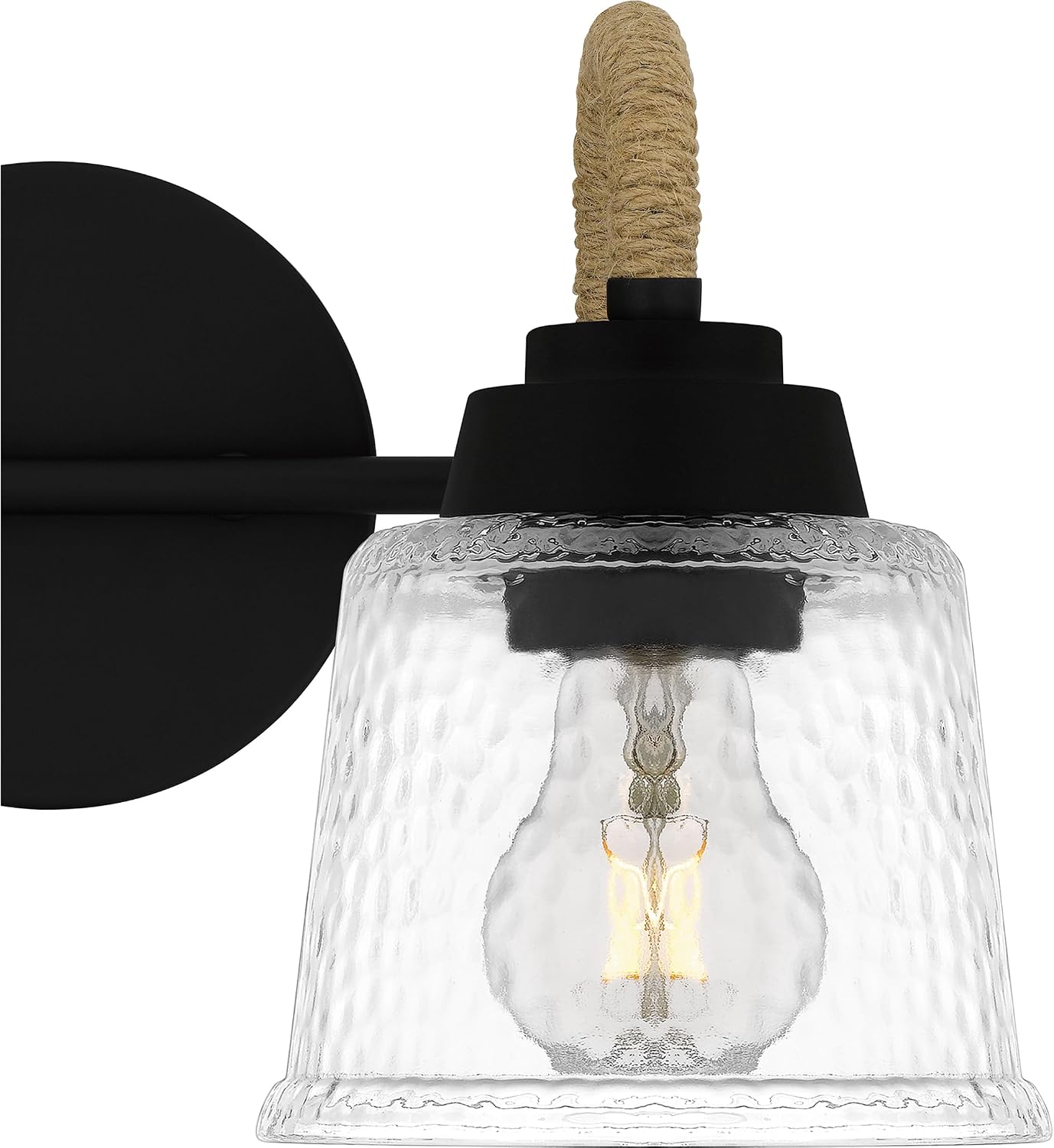 Quoizel Seabreeze Bath Vanity Lights,15 Inch 1-Light Matte Black Coastal-Inspired Lighting Fixtures Over Mirror, Clear Hammered Glass, 100W, Transitional Wall Light for Bathroom, Dresser or Sink