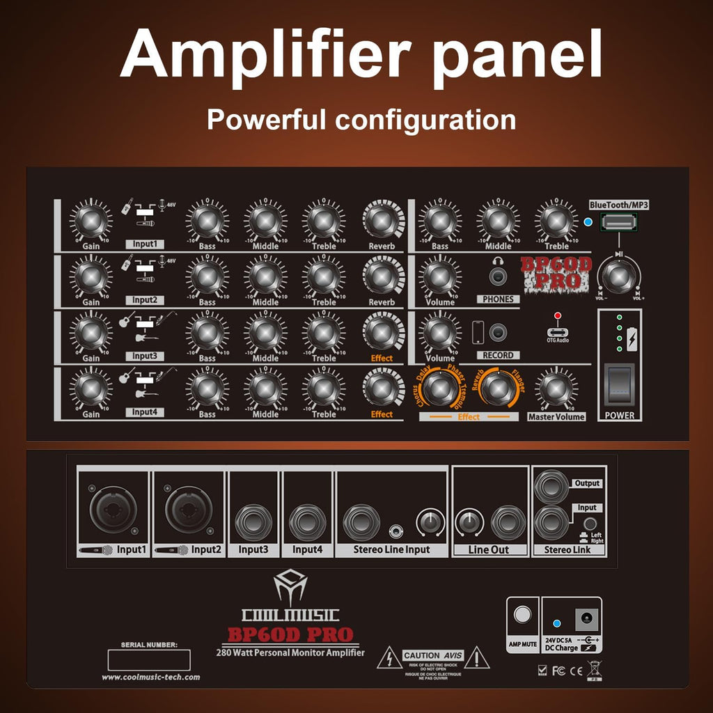 Coolmusic 300W Professional Acoustic Guitar Amp,Busking Amplifier PA System with 7 Inputs, Studio-Grade Reverb/Chorus/Delay/Tremolo/Phaser/Flanger, 3-Band EQ