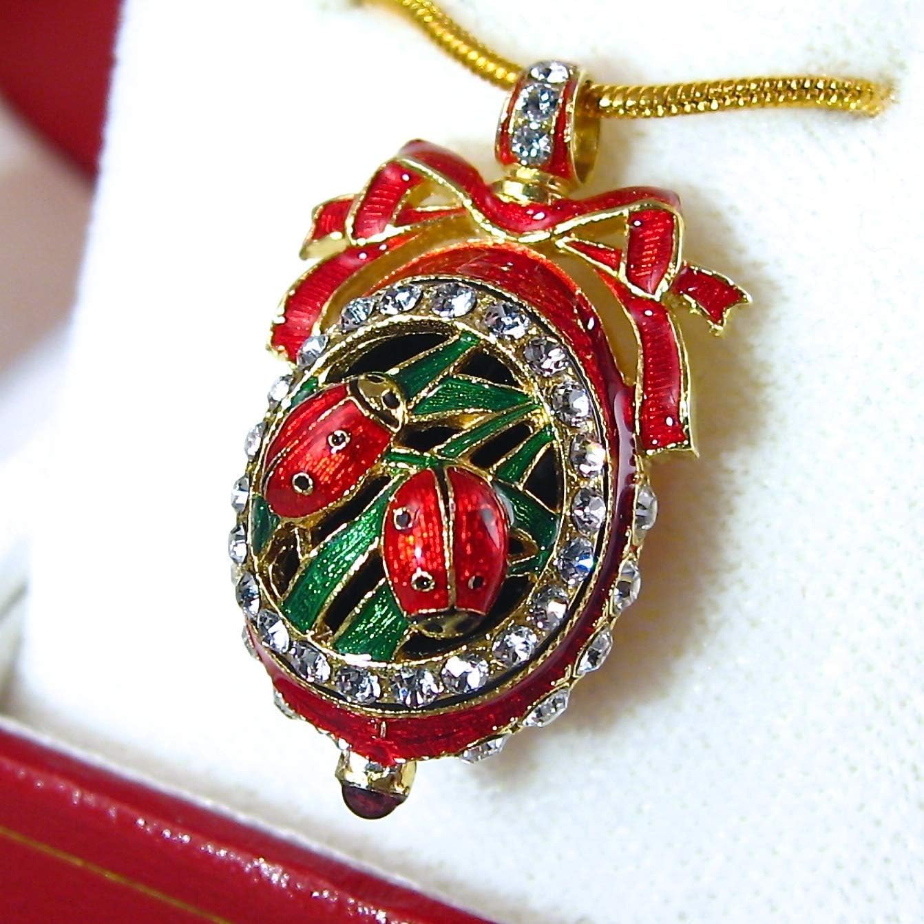 Ladybugs Red Guilloché Enamel Sterling Silver Necklace Pendant Genuine Garnet Crystals 24k Gold Plate Chain