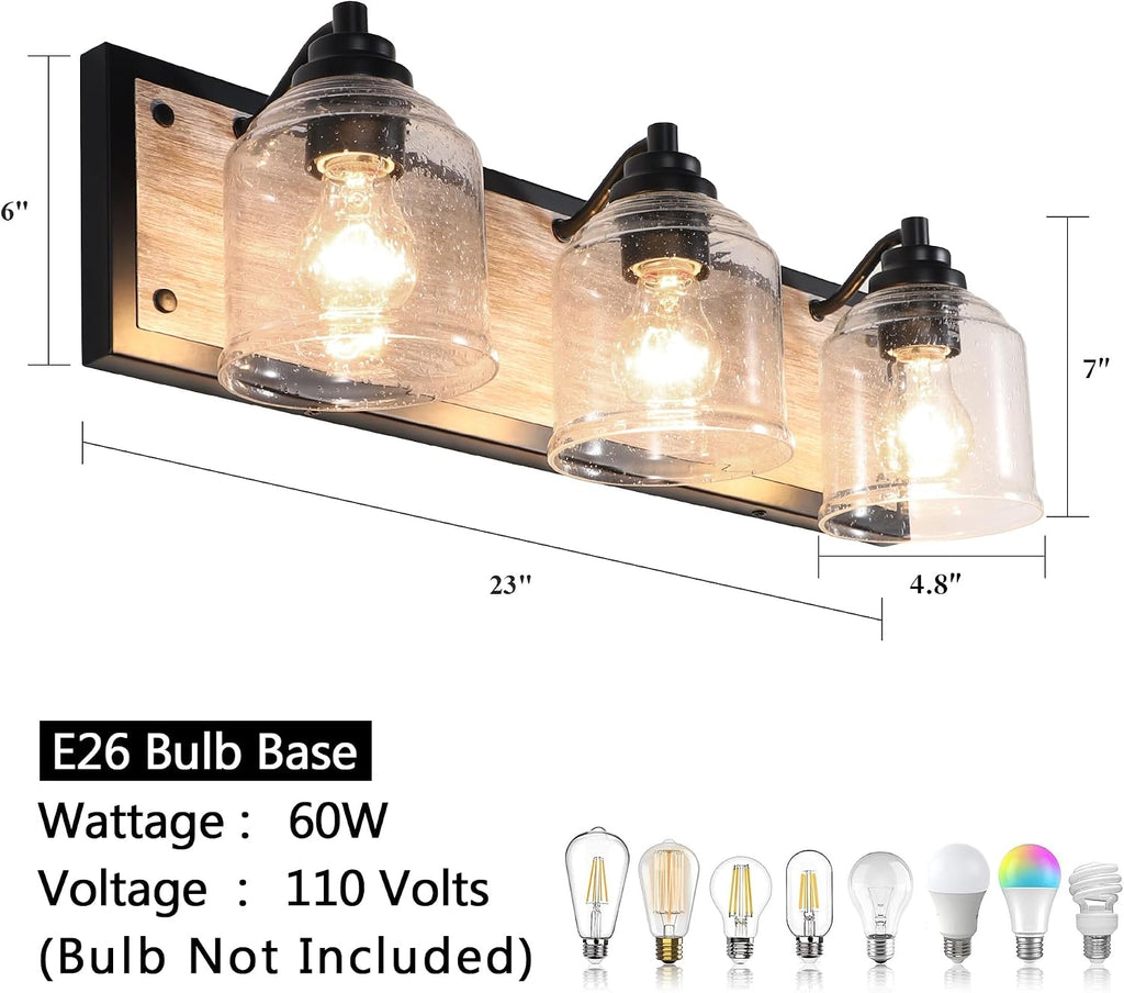 3-Light Bathroom Vanity Light Large 23', Vanity Lights for Bathroom, Farmhouse Rustic Gray Bathroom Light Fixtures Over Mirror with Bubble Glass Shades, Hand-Painted Wood-Look Metal Backplate