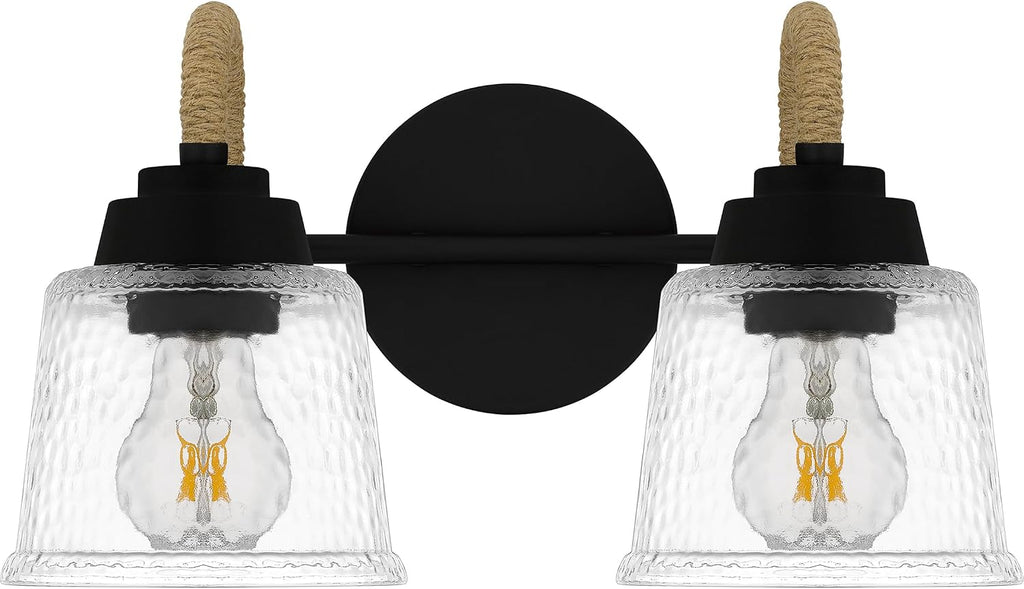 Quoizel Seabreeze Bath Vanity Lights,15 Inch 1-Light Matte Black Coastal-Inspired Lighting Fixtures Over Mirror, Clear Hammered Glass, 100W, Transitional Wall Light for Bathroom, Dresser or Sink