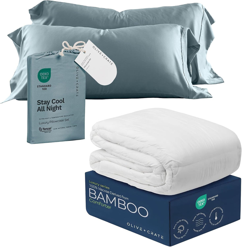 Olive + Crate Cooling Pillow Cases Bundle with Queen Size Comforter, Moisture Wicking, Temperature Regulating, Cooling Duvet Insert, Smooth Sateen Weave (30' x 20')