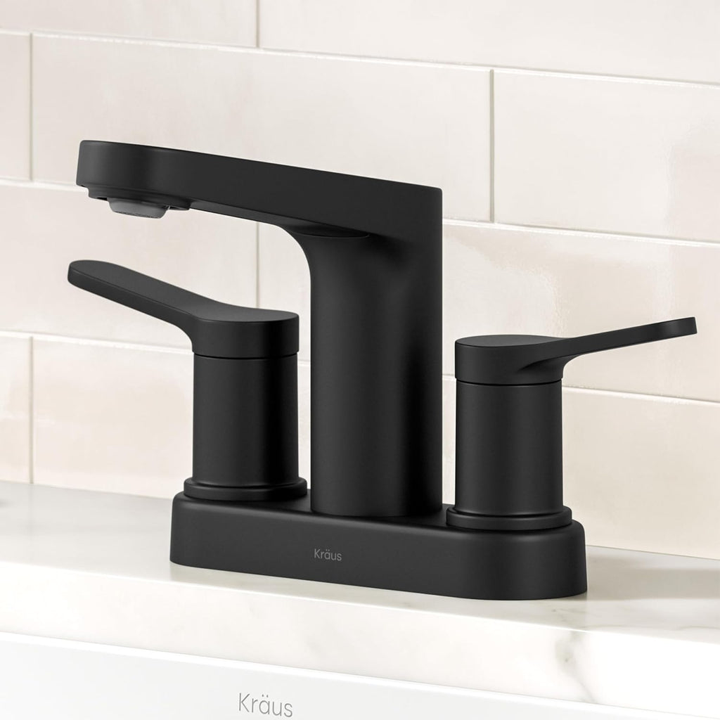 KRAUS Indy Centerset Bathroom Faucet in Matte Black with 2 Handles, Pop Up Drain and Supply Lines, FUS-14102MB