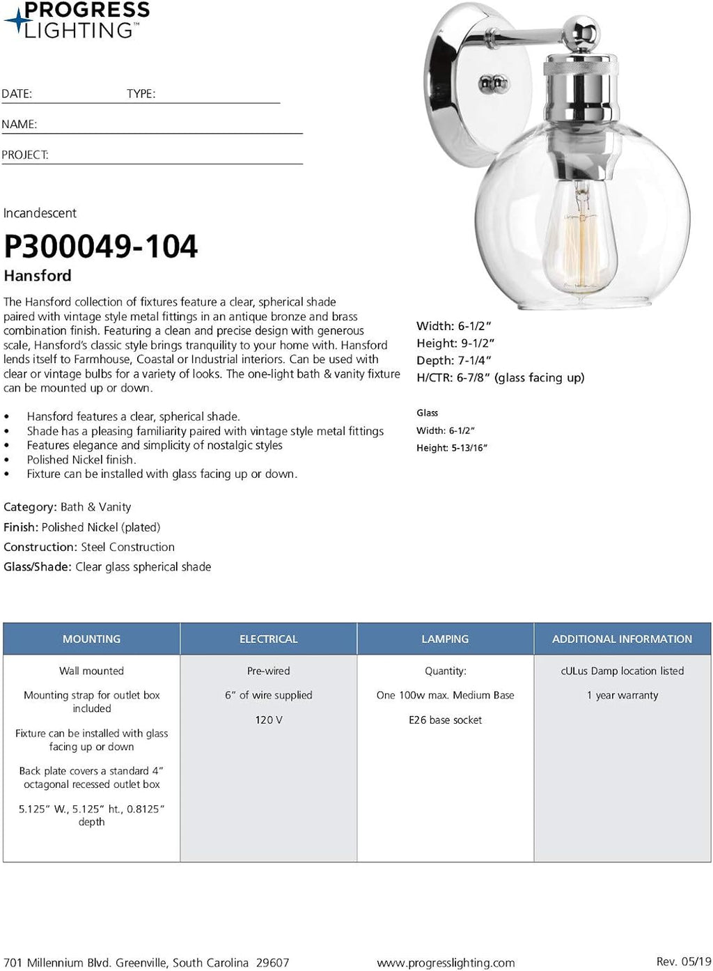 Progress Lighting Hansford Collection 1-Light Clear Glass Coastal Bath Vanity Light Polished Nickel