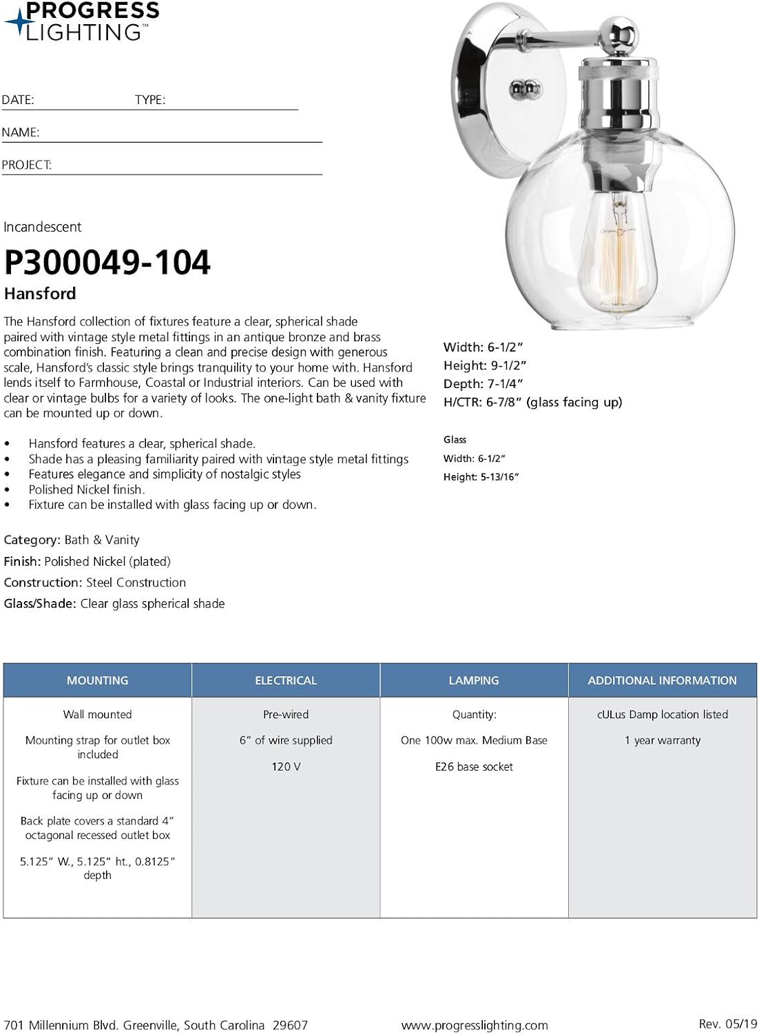 Progress Lighting Hansford Collection 1-Light Clear Glass Coastal Bath Vanity Light Polished Nickel