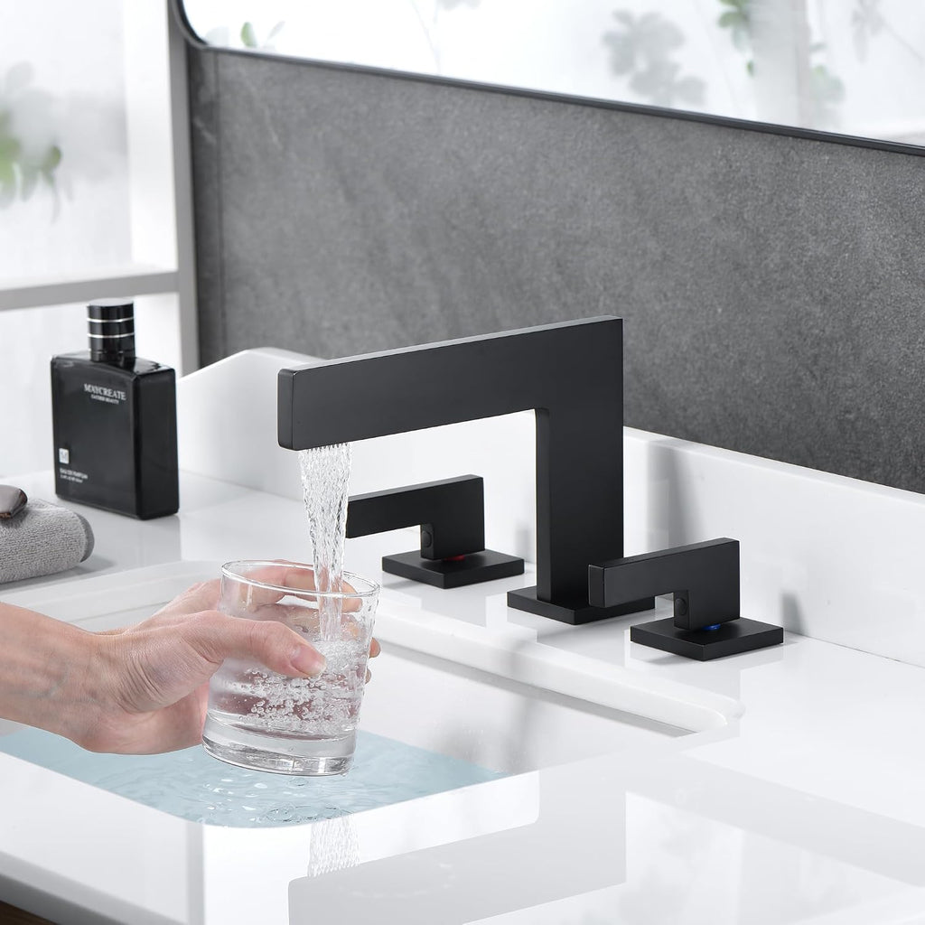 Sumerain Widespread Matte Black Waterfall Bathroom Sink Faucet 8 Inch 3 Hole Lavatory Faucet Vanity Faucet with Brass Valve