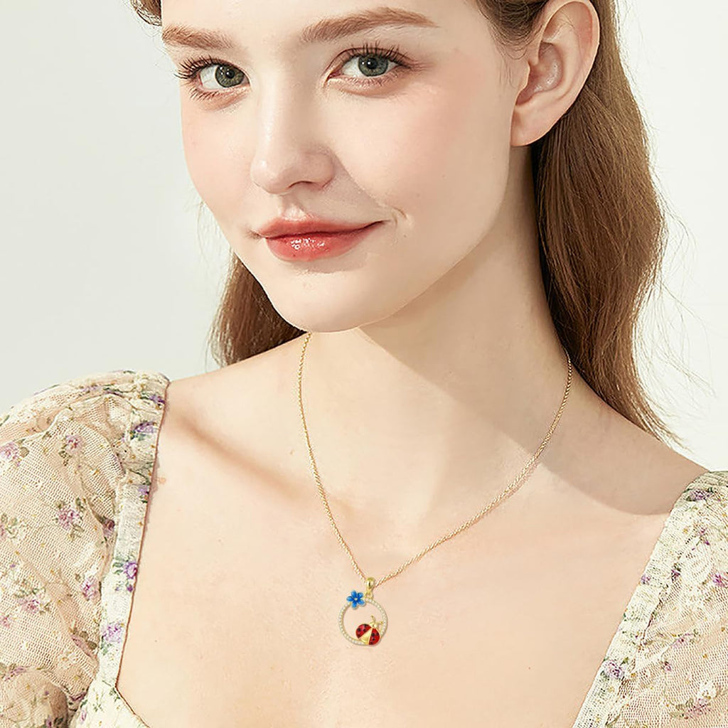 Ladybug Pendant Necklace for Women 14K Real Gold Enamel Ladybug with Flower Necklace Cute Jewelry Gift for Her in 16-18'