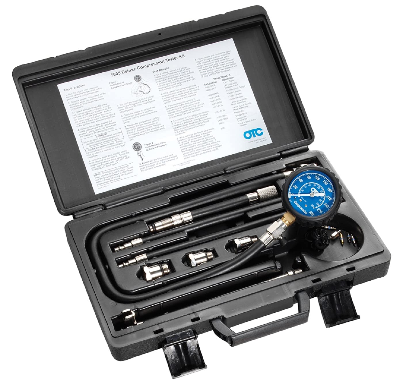 OTC 5605 Deluxe Compression Tester Kit for Gasoline Engines with Easy to Read 2-1/2' Dual Scale Gauge, Extra Long Flex Hose, Multiple Adapters, and Storage Case