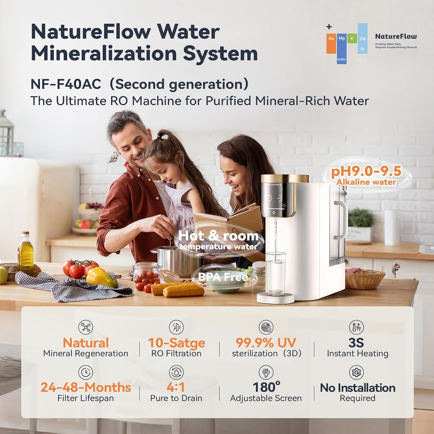 F40-AC（2nd Gen） Reverse Osmosis Water Filter Countertop with UV, Natural Remineralization,10-Stage RO Filtrations, 4:1 Pure to Drain, pH9 Alkaline Water Purifier,BPA Free,NSF/ANSI/UL/FDA