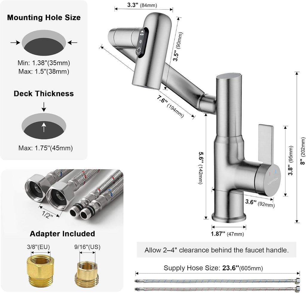 Lefton Rotatable Bathroom Faucet with Temperature Display in Fahrenheit (Batteries-Free), 3 Water Modes, Brushed Nickel, BF2204-0