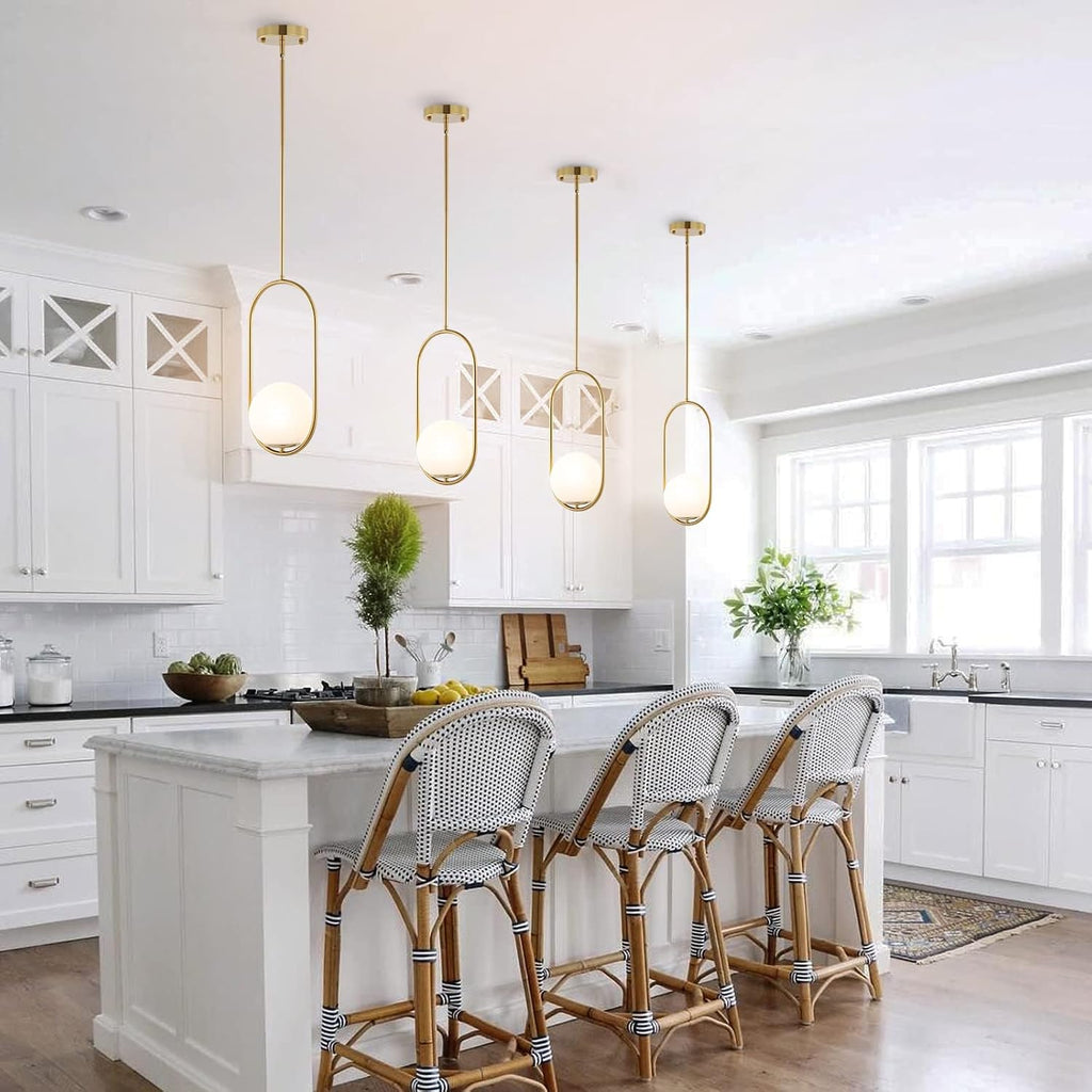 BYOLIIMA Modern Gold Globe Pendant Light Mid Century Chandelier 1-Light Brushed Brass Ceiling Hanging Lighting Fixture with White Globe Glass Lampshade for Kitchen Island Dining Room Bedroom (2 Pack)
