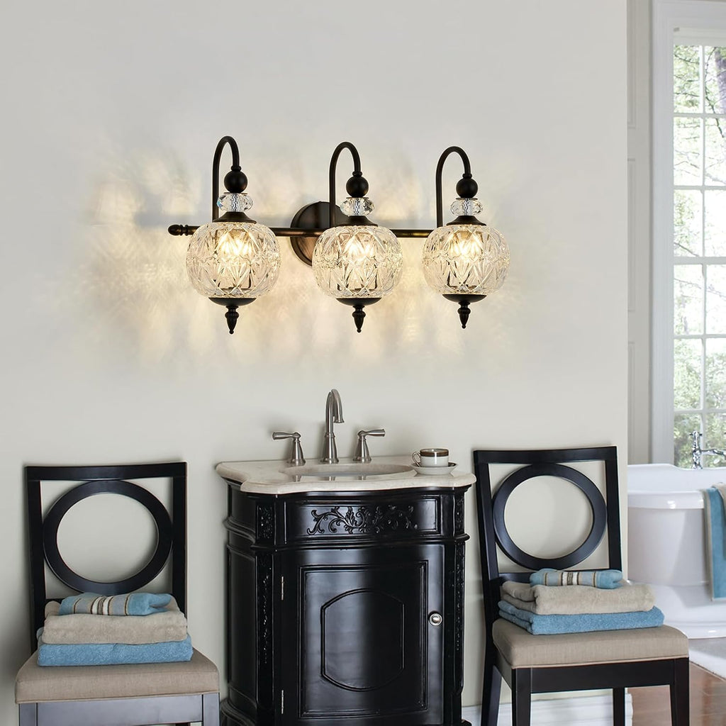Piepooye Vintage Bathroom Light Fixtures Black Vanity Light with Glass Globe LampShade 3 Lights Mid Century G9 Bulb Wall Sconce Indoor Vanity Light Over Mirror for Kitchen Bedroom Farmhouse