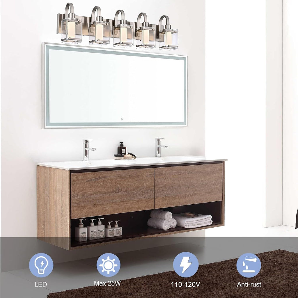 TODOLUZ 5-Light Bathroom Vanity Light,Brushed Nickel LED Modern Wall Light with 5 Color Modes LED Bathroom Light Fixture with Frosted Column and Clear Glass Shade