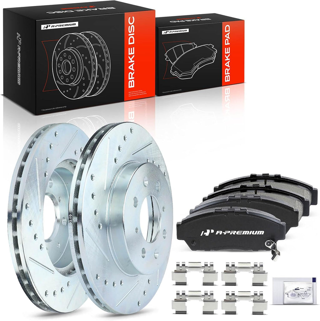A-Premium 10.32 inch(262 mm) Front Drilled and Slotted Disc Brake Rotors + Ceramic Pads Kit Compatible with Select Acura and Honda Models - Integra 1994-2001, Civic 1993 1994 1995, 6-PC Set