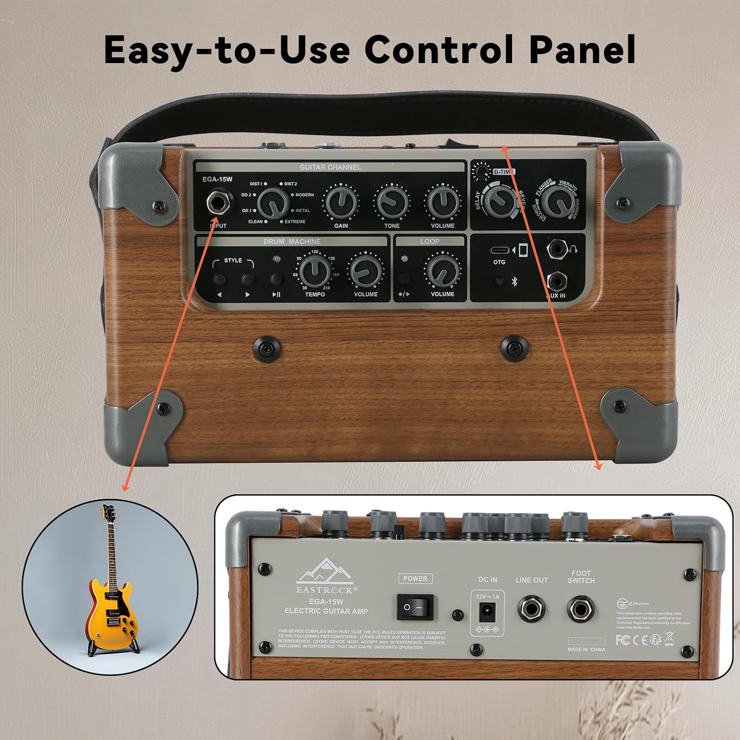 EASTROCK 15W Electric Guitar Amp, EGA-15W Portable Guitar Amplifier with Bluetooth, Built-in Looper & Drum Machine Speaker, AUX/OTG/Headphone, 8 Voices, FX Effects-Wood