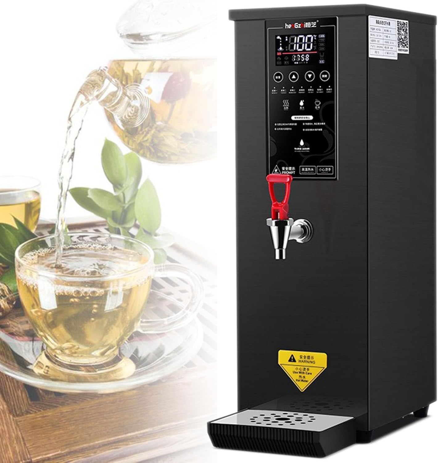 1000W Commercial Hot Water Dispenser Countertop, 25L(6.6Gal) /H Step-Heating Stainless Steel Water Boiler with Temperature Adjust for Boba Tea Office Restaurant Hotel Black