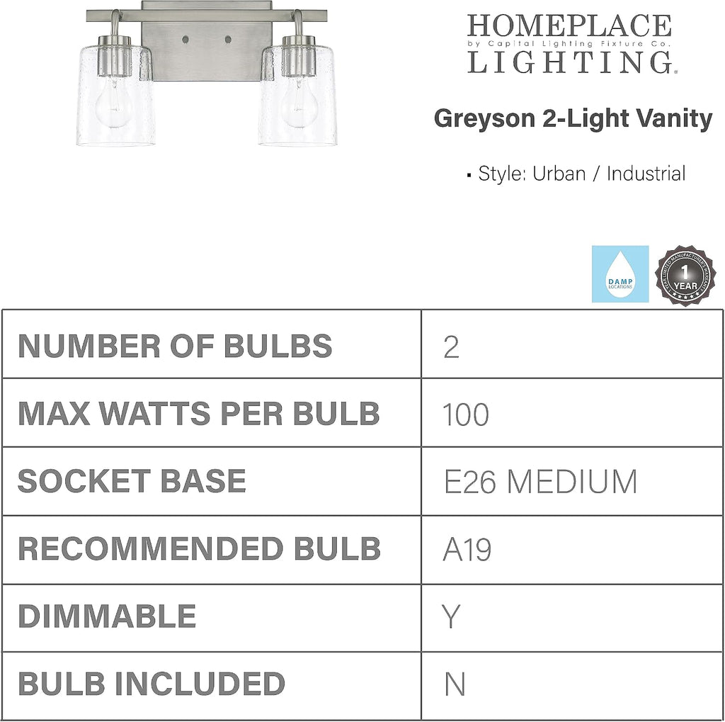 HomePlace Lighting 128521BN-449 Greyson Urban/Industrial Clear Seeded Glass Bathroom Vanity Wall Light, 2-Light 200 Total Watts, 9' H x 15' W, Brushed Nickel