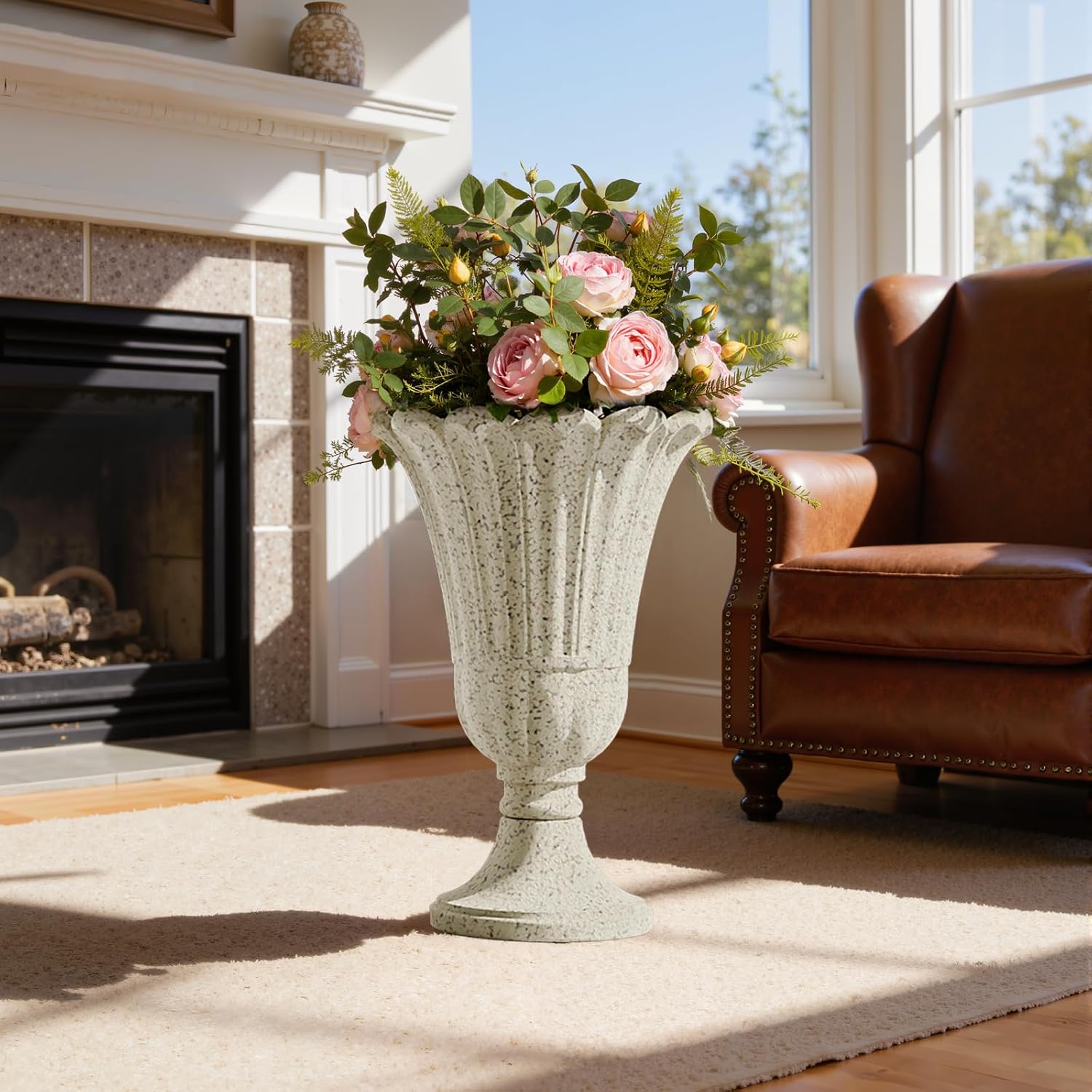 Heavy-Duty 23.6' Tall Urns Planters for Outdoor Plants - Set of 2 Water Storage Base Large Outdoor Planter for Porch, Sandblasting Process Indoor Flower Pots for Home Decor/Garden Vase, Beige