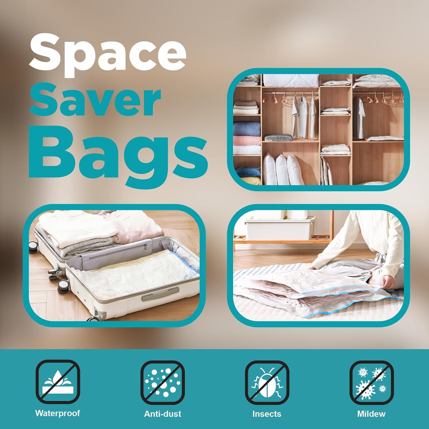 Vacuum Storage Bags Set, 16 Pack Reusable Compression Bags with Hand Pump, for Clothes, Blankets, Comforters