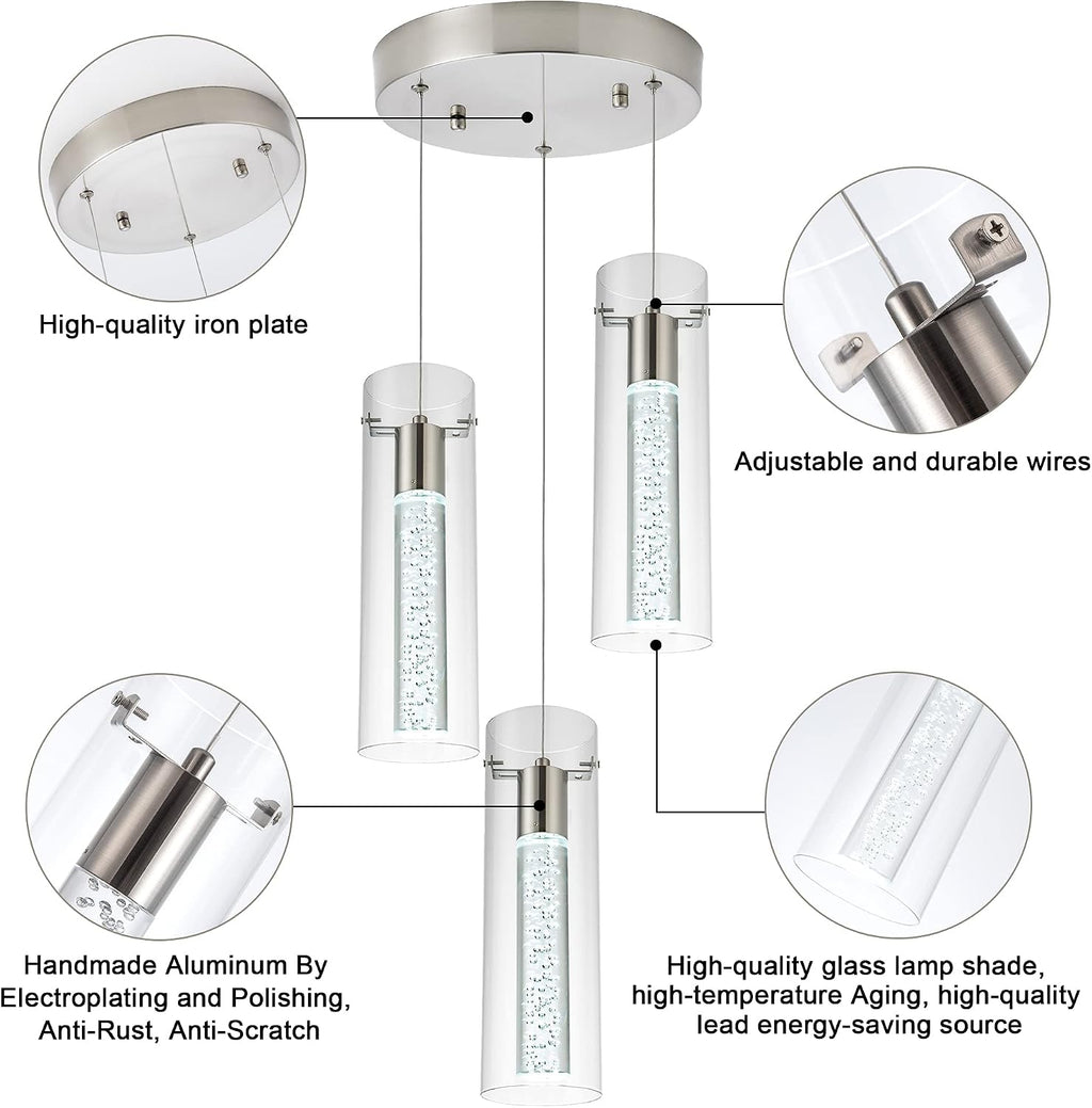 Kitchen Lighting Pendant Fixtures 3-Light LED Pendant Ceiling Fixture Brushed Nickel Bubble Cylinder Pendant Light with Adjustable Length for Kitchen Island Dinning Room Bedroom