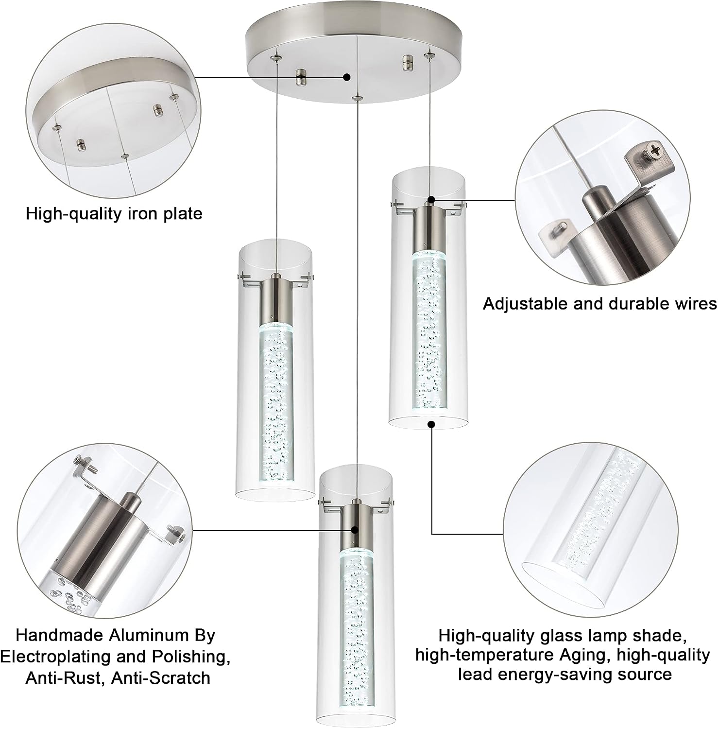 Kitchen Lighting Pendant Fixtures 3-Light LED Pendant Ceiling Fixture Brushed Nickel Bubble Cylinder Pendant Light with Adjustable Length for Kitchen Island Dinning Room Bedroom