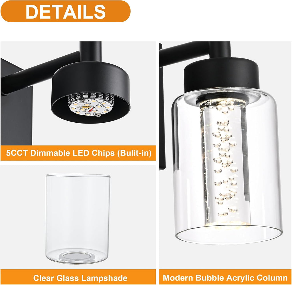 LED Bathroom Vanity Light Fixtures, 6 Light Indoor Wall Sconces Lighting with Clear Glass Shade and Crystal Bulb Black Lights for Mirror, Kitchen, Living Room, Gallery(LED Bulbs Included)