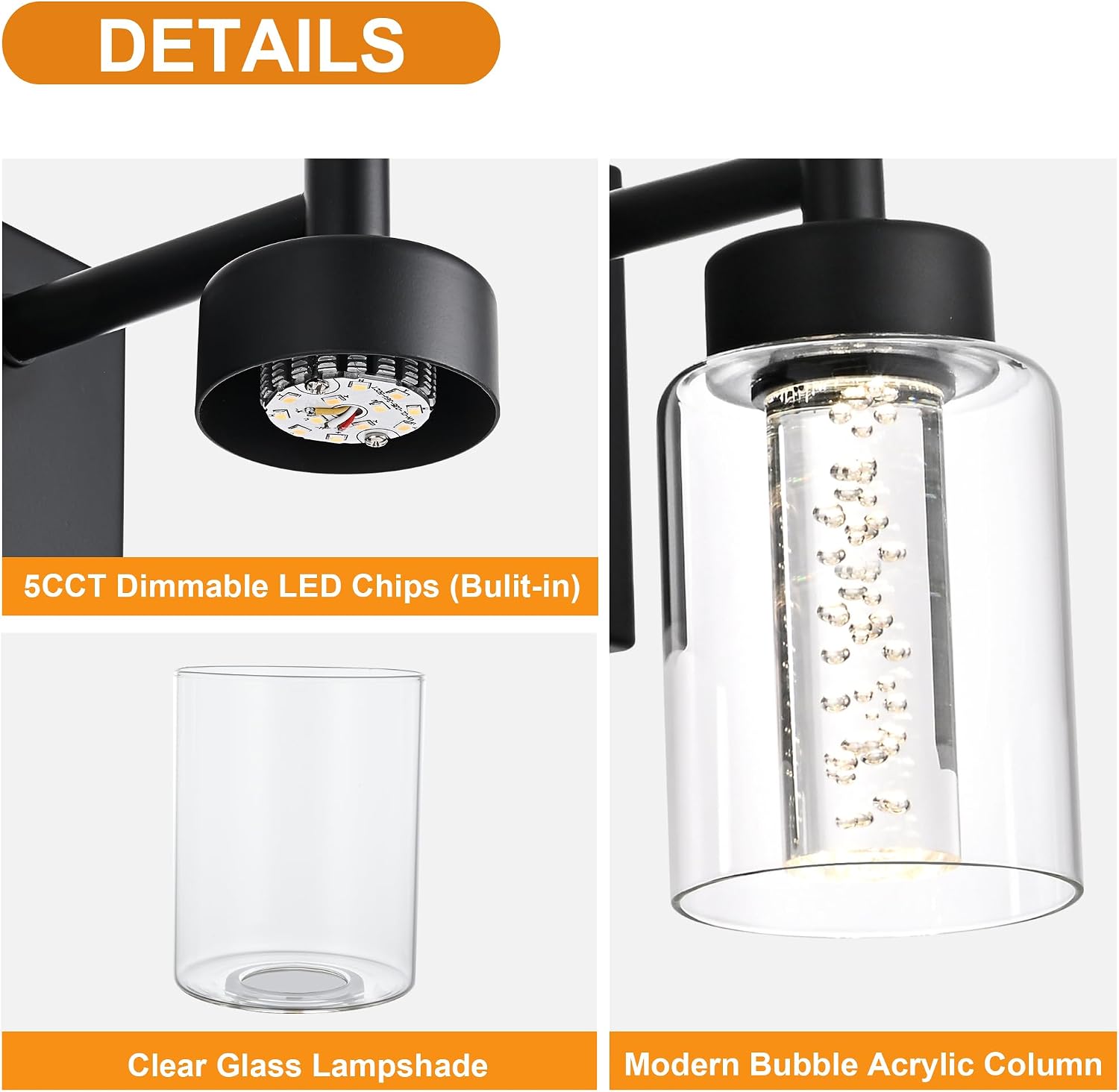 LED Bathroom Vanity Light Fixtures, 6 Light Indoor Wall Sconces Lighting with Clear Glass Shade and Crystal Bulb Black Lights for Mirror, Kitchen, Living Room, Gallery(LED Bulbs Included)