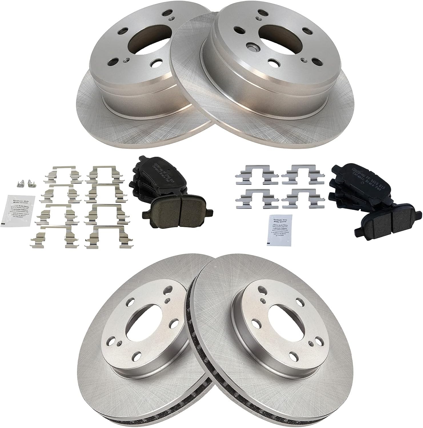 TRQ Front and Rear Brake Pad and Rotor Set Ceramic Vented Solid Rotors Compatible with 2000-2001 Toyota Camry 1999-2003 Solara