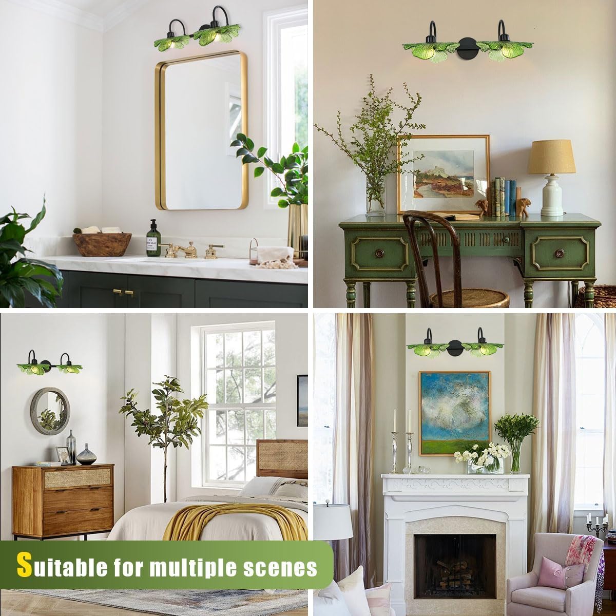2-Light Wall Sconce Green Glass Vanity Light Vintage Matte Black Finished Mid Century Wall Sconce Light Black Wall Lighting Fixture for Bedside Doorway Bedroom, E26 Base