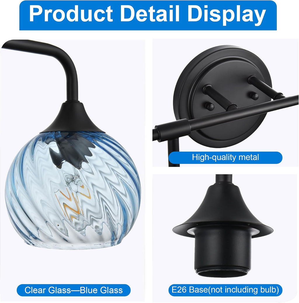 MELUCEE 25 Inch Bathroom Light Fixtures Black, 3-Light Vanity Lights with Blue Striped Swirl Glass Shade, Mid-Century Modern Bathroom Vanity Light Over Mirror