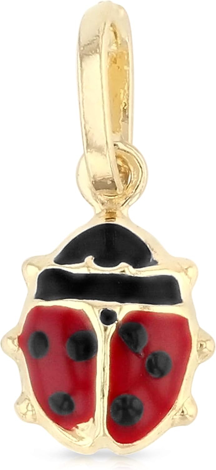 Ioka - 14K Yellow Gold Lady Bug Colored Enamel Lucky Charm Tiny Pendant For Necklace or Chain