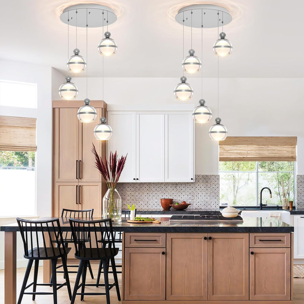 5-Light Chrome Chandelier, Modern Long Chandeliers for High Ceilings Globe Hanging Light Chandelier for Staircase Foyer Corner Living Room Entryway Dining Room 3000K