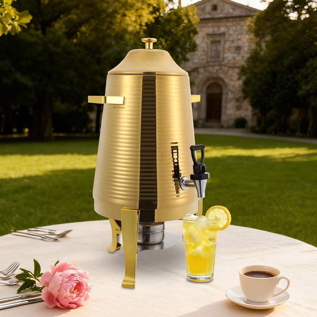 Insulated Beverage Dispenser 13L Stainless Steel Hot Drink Dispenser Countertop Commercial Hot and Cold Coffee Carafe with Spigot & Stand for Tea, Coffee, Milk, Water & Juice (Gold)
