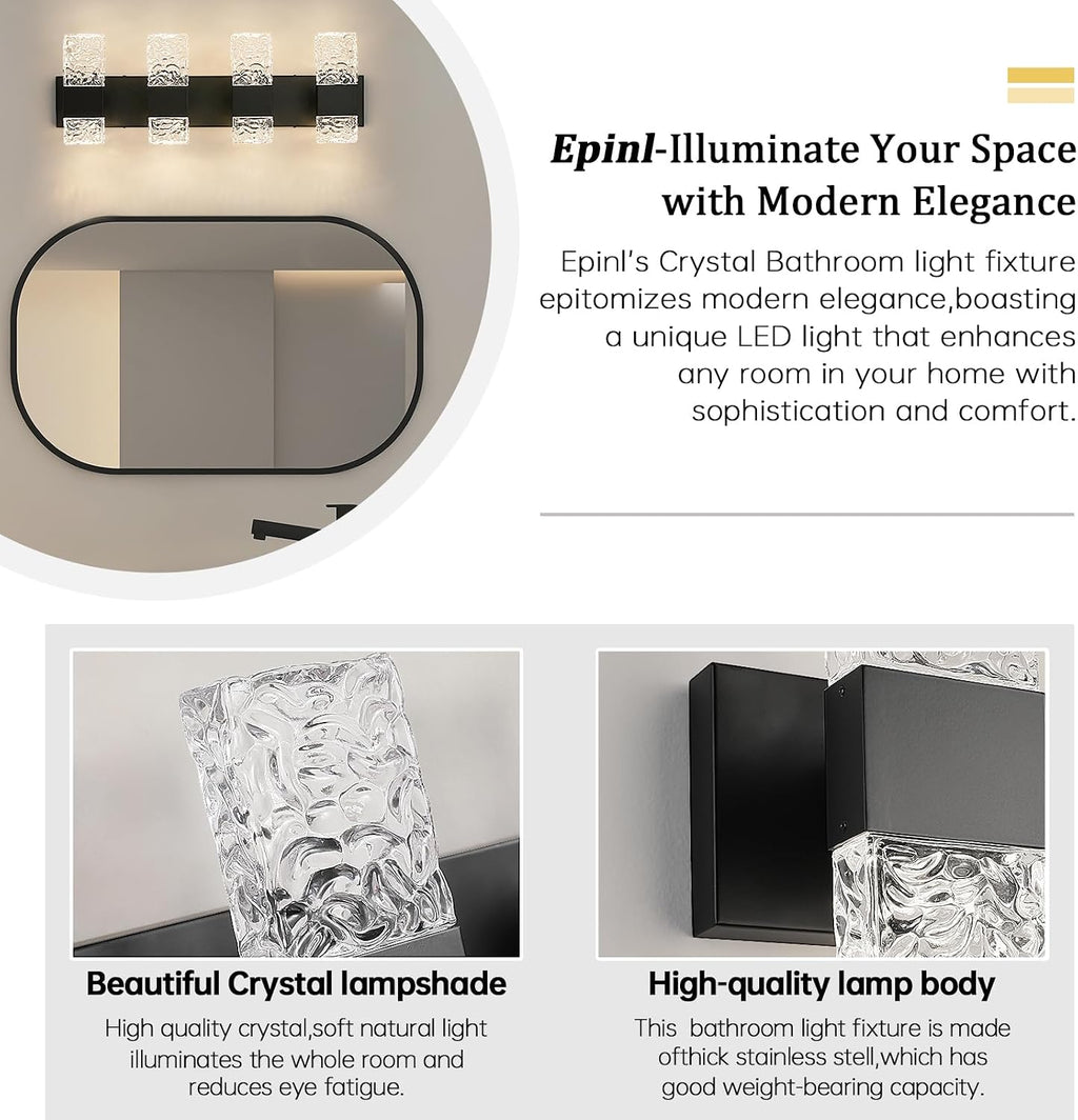 Epinl Black Bathroom Vanity Light Fixtures Bathroom Light Fixtures Over Mirror 4-Light 4000K LED Crystal Wall Sconces Modern 40W Brushed Hardwired Wall Lights for Bathroom Bedroom Living Room
