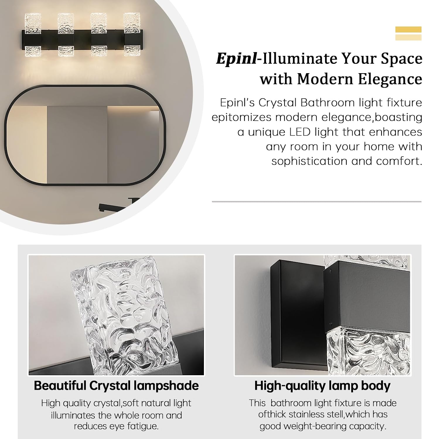 Epinl Black Bathroom Vanity Light Fixtures Bathroom Light Fixtures Over Mirror 4-Light 4000K LED Crystal Wall Sconces Modern 40W Brushed Hardwired Wall Lights for Bathroom Bedroom Living Room