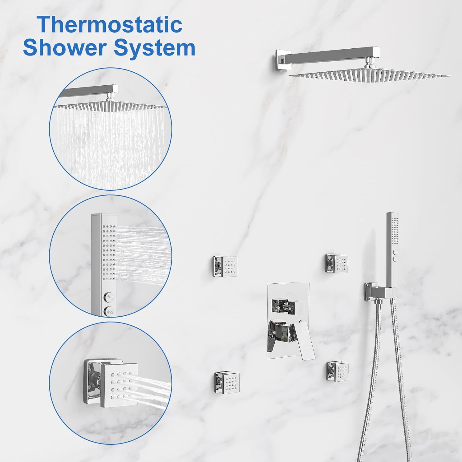 RUMOSE Rainfall Shower System with 4 Body Jets Wall Mounted 4 Mode Shower Faucet Set with 12 Inch Rain Shower Head and 2 in 1 Handheld Spray, Polished Chrome Brass Shower Fixtures, Rough-in Valve