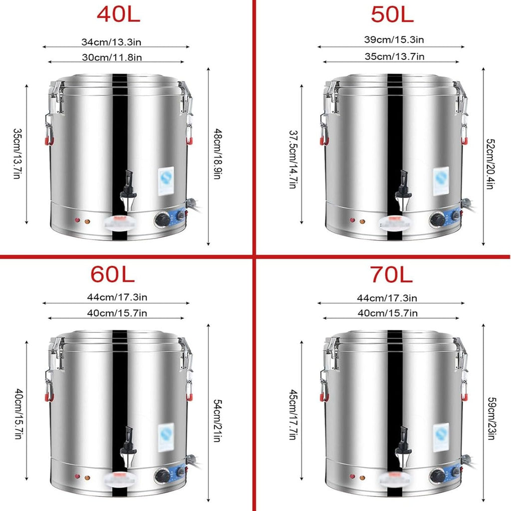 Commercial Large Capacity Catering Urn, 40L/50L/60L/70L Hot Water Boiler Dispenser, Stainless Steel, 30-110°C Temperature Control for Cafe, Office, Home,60L