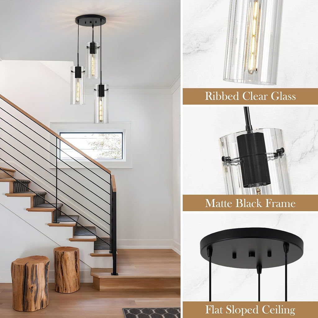 Modern Cluster Pendant Lights, Black Cluster Chandelier with Clear Ribbed Glass, 3 Light Pendant Lighting for Kitchen Island, Staircase, Dining Room, Living Room