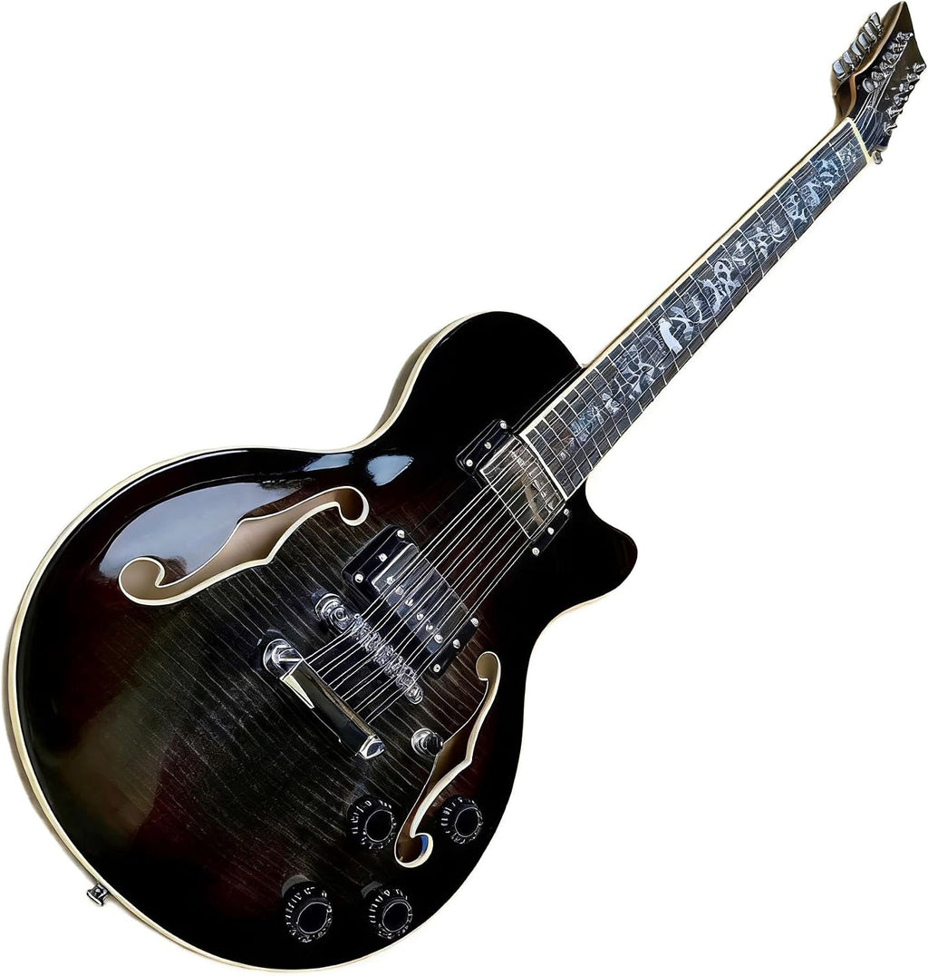 12-String Semi-Hollow Body Electric Guitar, Black Flame Maple Top with Chrome Hardware