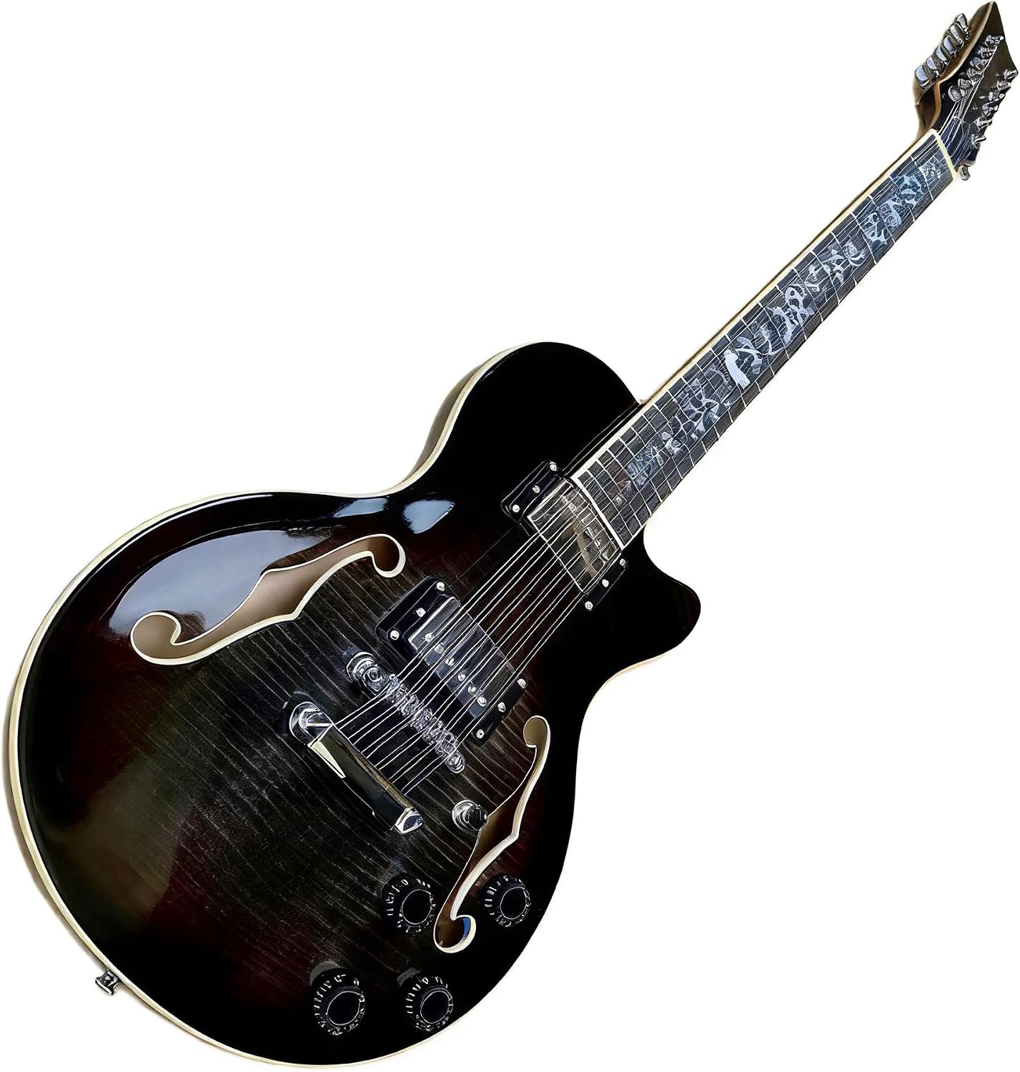 12-String Semi-Hollow Body Electric Guitar, Black Flame Maple Top with Chrome Hardware