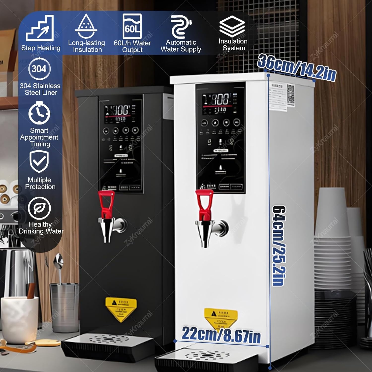 1000W Commercial Hot Water Dispenser Countertop, 60L/H Step-Heating Stainless Steel Water Boiler with Temperature Control for Boba Tea Office Restaurant Silver