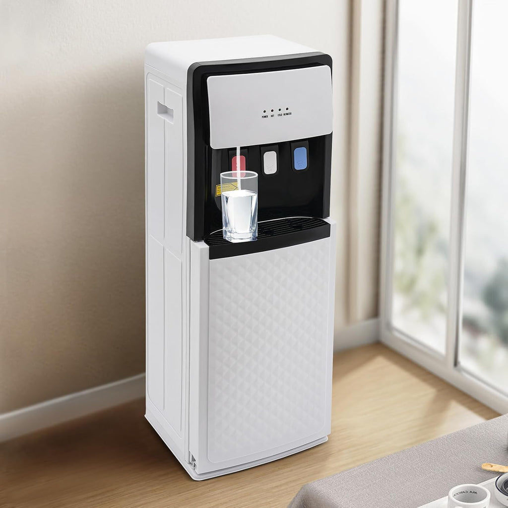 500W Bottom Loading Water Dispenser with 3 Temperature Settings, Hot & Cold Standing Water Dispenser Storage Cabinet Drinking Fountain for Home, Office, Holds 3 or 5 Gallon Bottles (White)