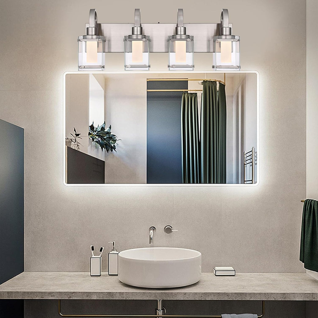 4-Light Brushed Nickel Vanity Light Fixtures, Modern LED Bathroom Wall Lights for Dressing Room, Integrated LED Chips with Frosted Column & Clear Square Glass Shades, Energy Saving Wall Sconce