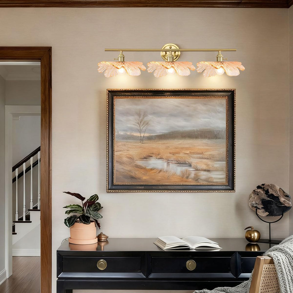 Gold Brass Bathroom Lighting Fixtures 3 Light Vintage Retro Wall Mount Light with Amber Flower Petal Glass Shade, Mid Century Vanity Lights Over Mirror for Living Room Hallway