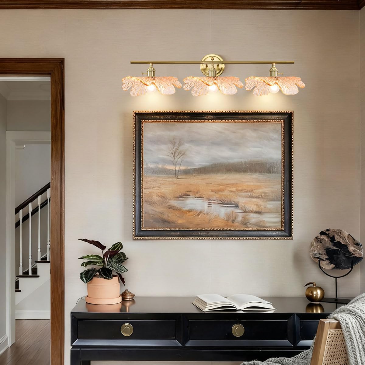 Gold Brass Bathroom Lighting Fixtures 3 Light Vintage Retro Wall Mount Light with Amber Flower Petal Glass Shade, Mid Century Vanity Lights Over Mirror for Living Room Hallway
